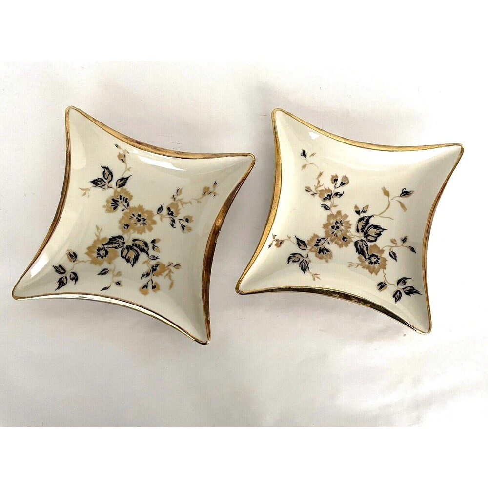 Lot of 2 Ashtray Trinket Dish W. Germany Bavaria Roslyn White Black Gold Floral